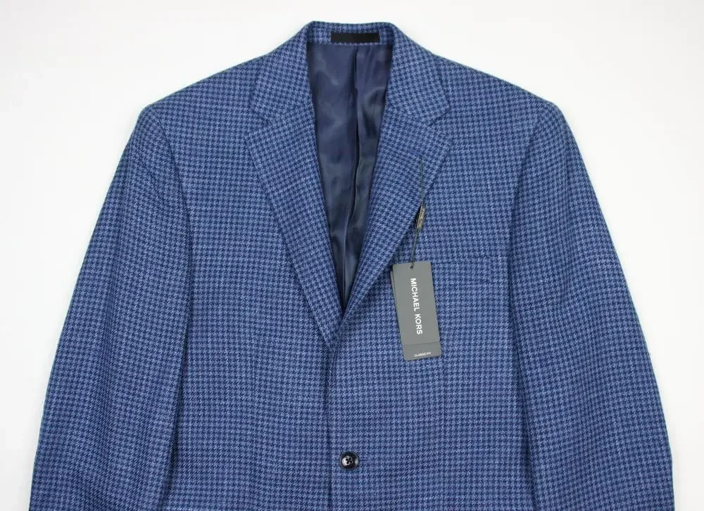 Michael Kors Blazer Mens 36 R Blue Houndstooth Wool Silk Linen Classic Fit Coat